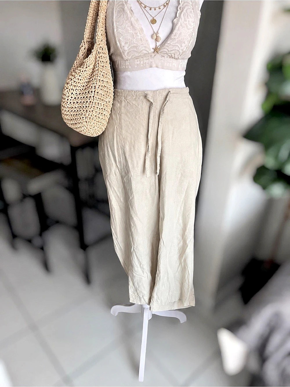 Scandia Woods Linen Blend Cropped Drawstring Pants Size XL Coastal Vacation Capr